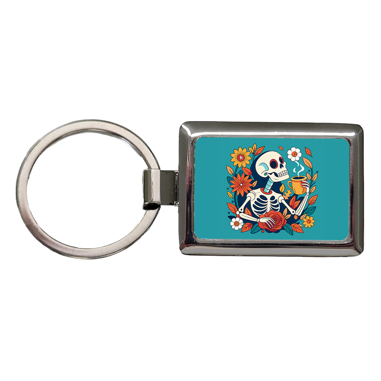Skeleton Drinking Coffee Funny Floral Flowers Rectangle Metal Keychain