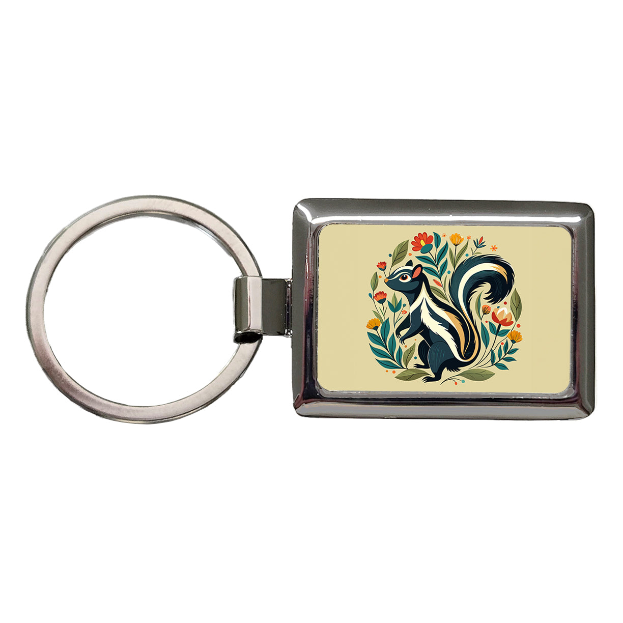 Skunk Floral Flowers Rectangle Metal Keychain