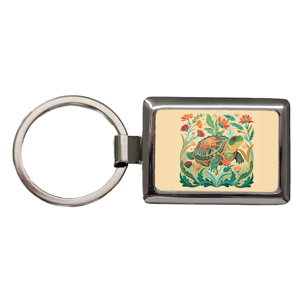 Snapping Turtle Botanical Art Nouveau Rectangle Metal Keychain