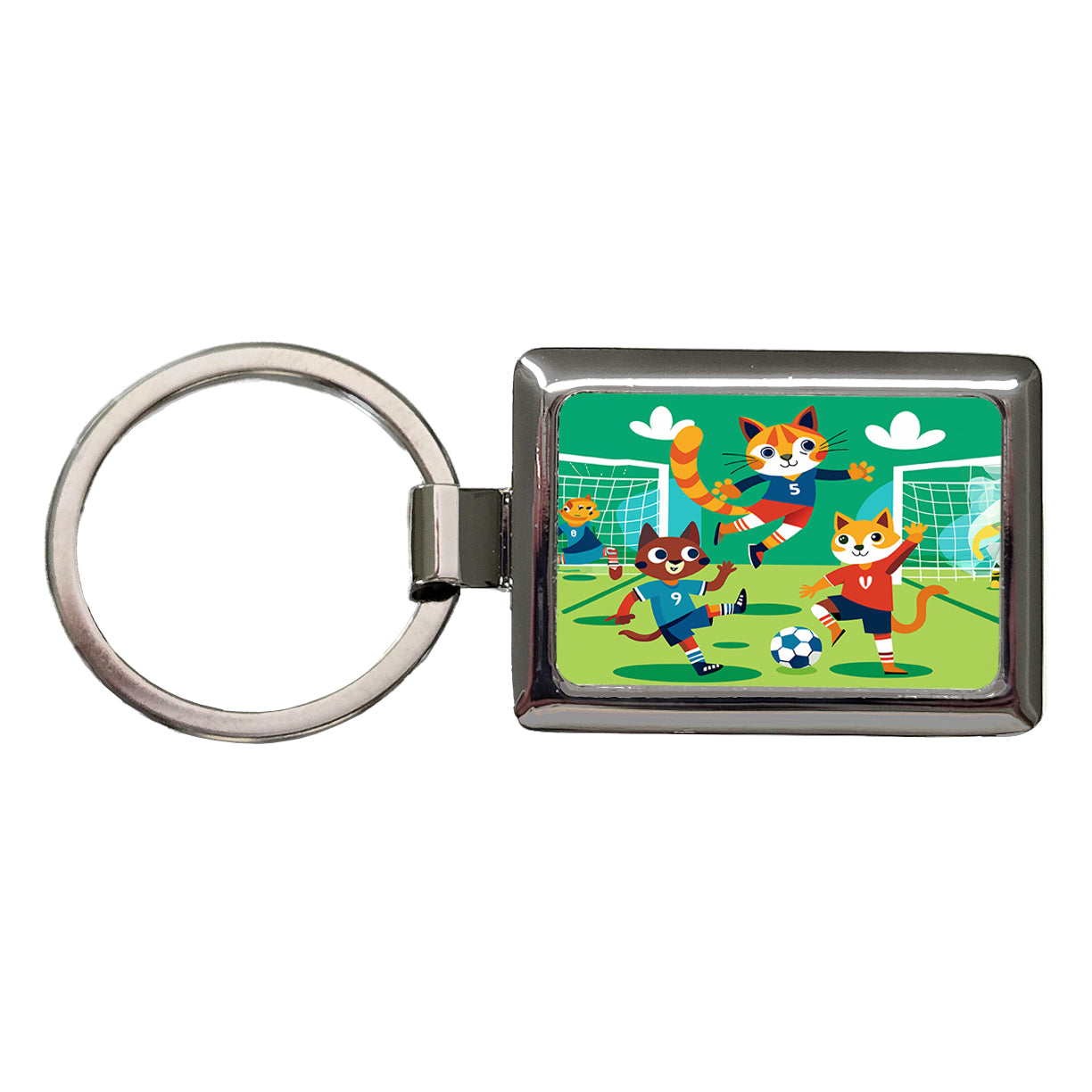 Soccer Cats Playing Ball Field Rectangle Metal Keychain