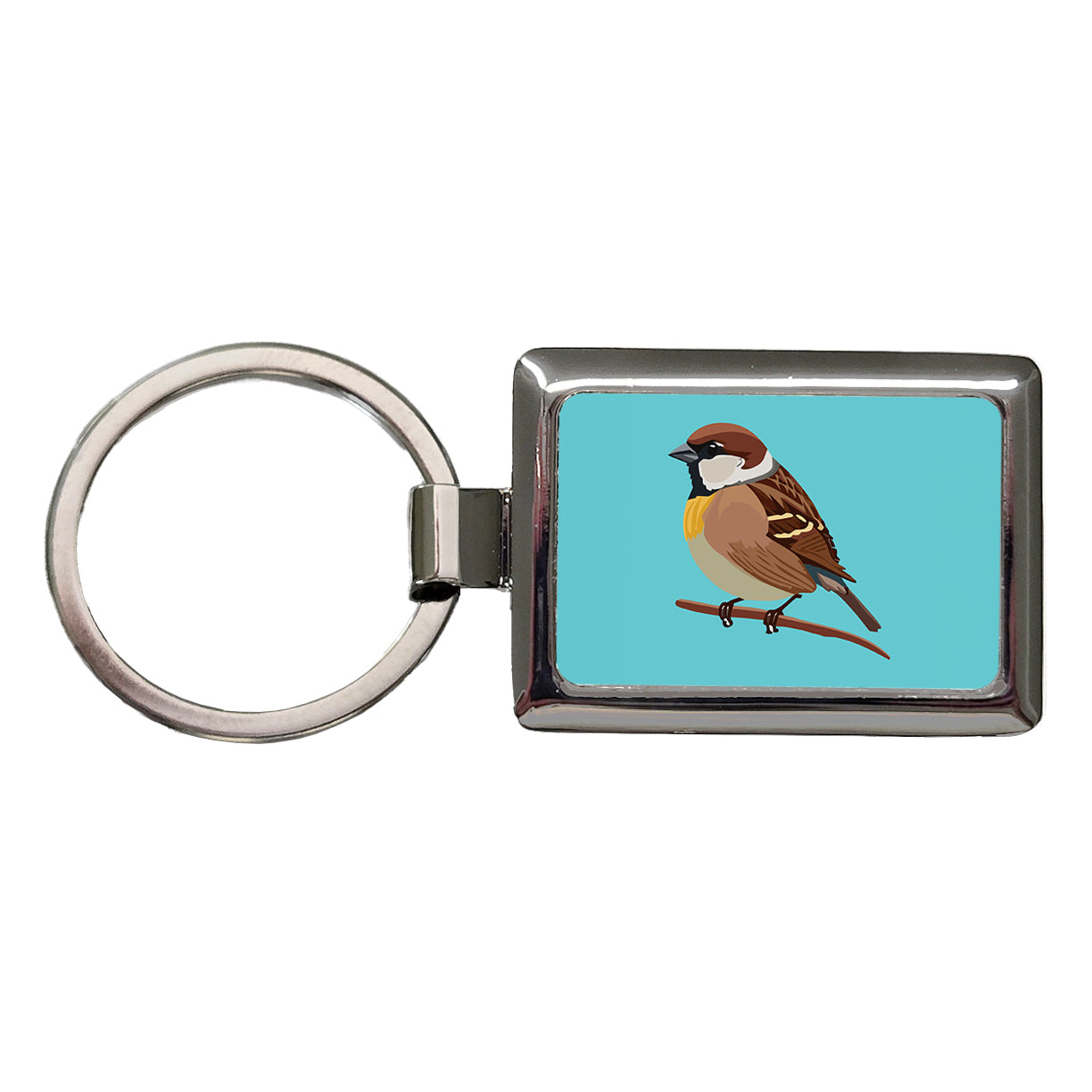 Sparrow Bird on Branch Rectangle Metal Keychain