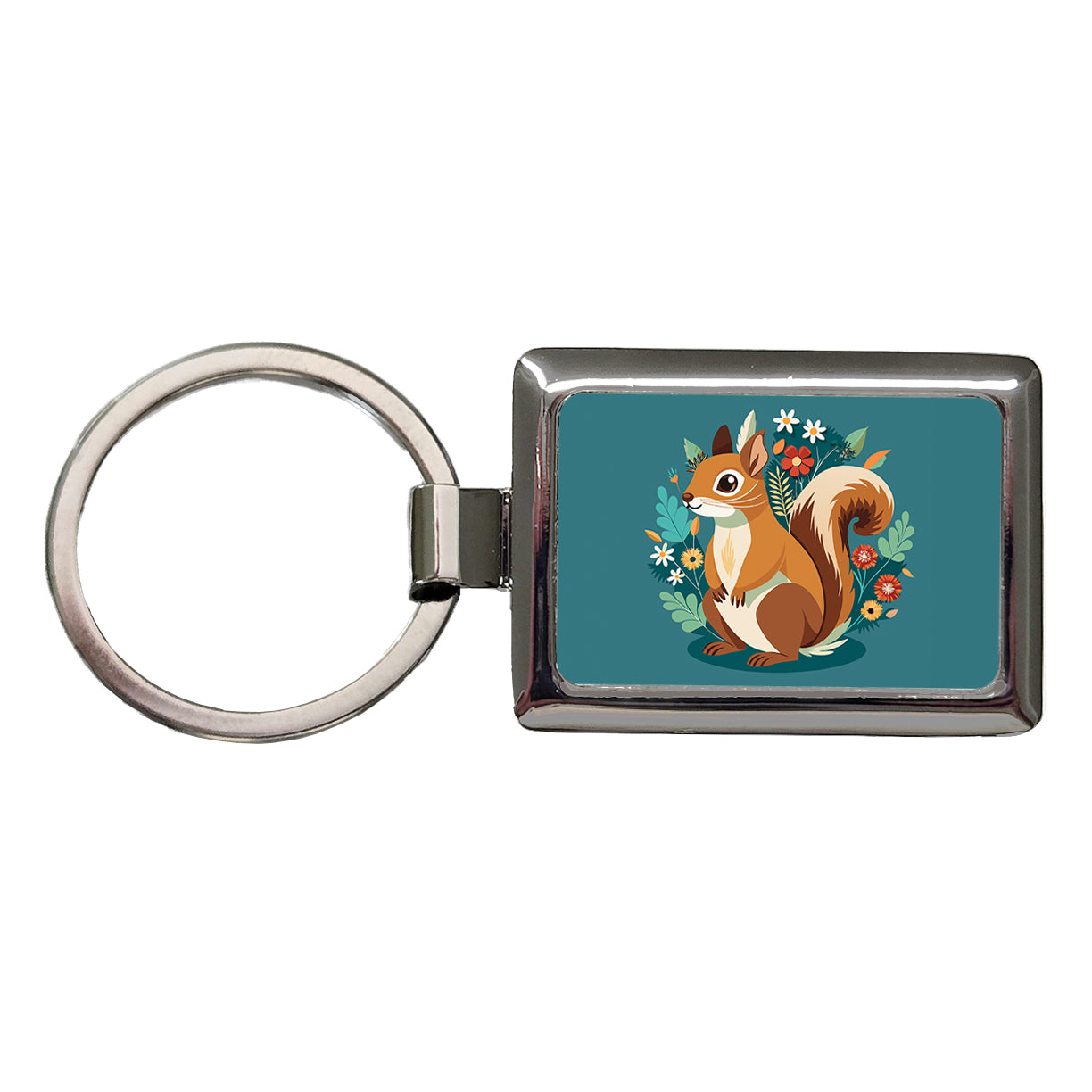 Squirrel Floral Flowers Rectangle Metal Keychain