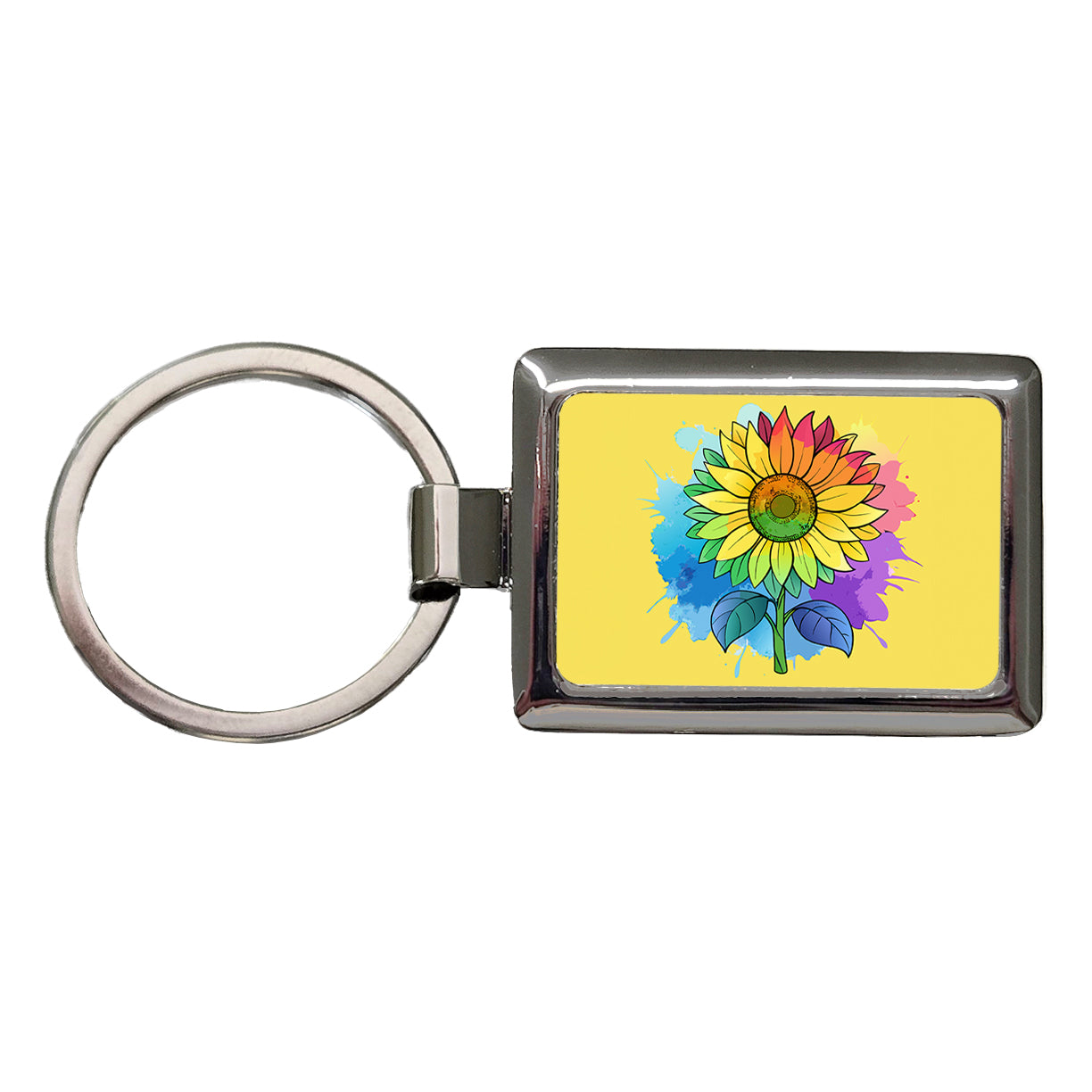 Sunflower Rainbow Watercolor Rectangle Metal Keychain