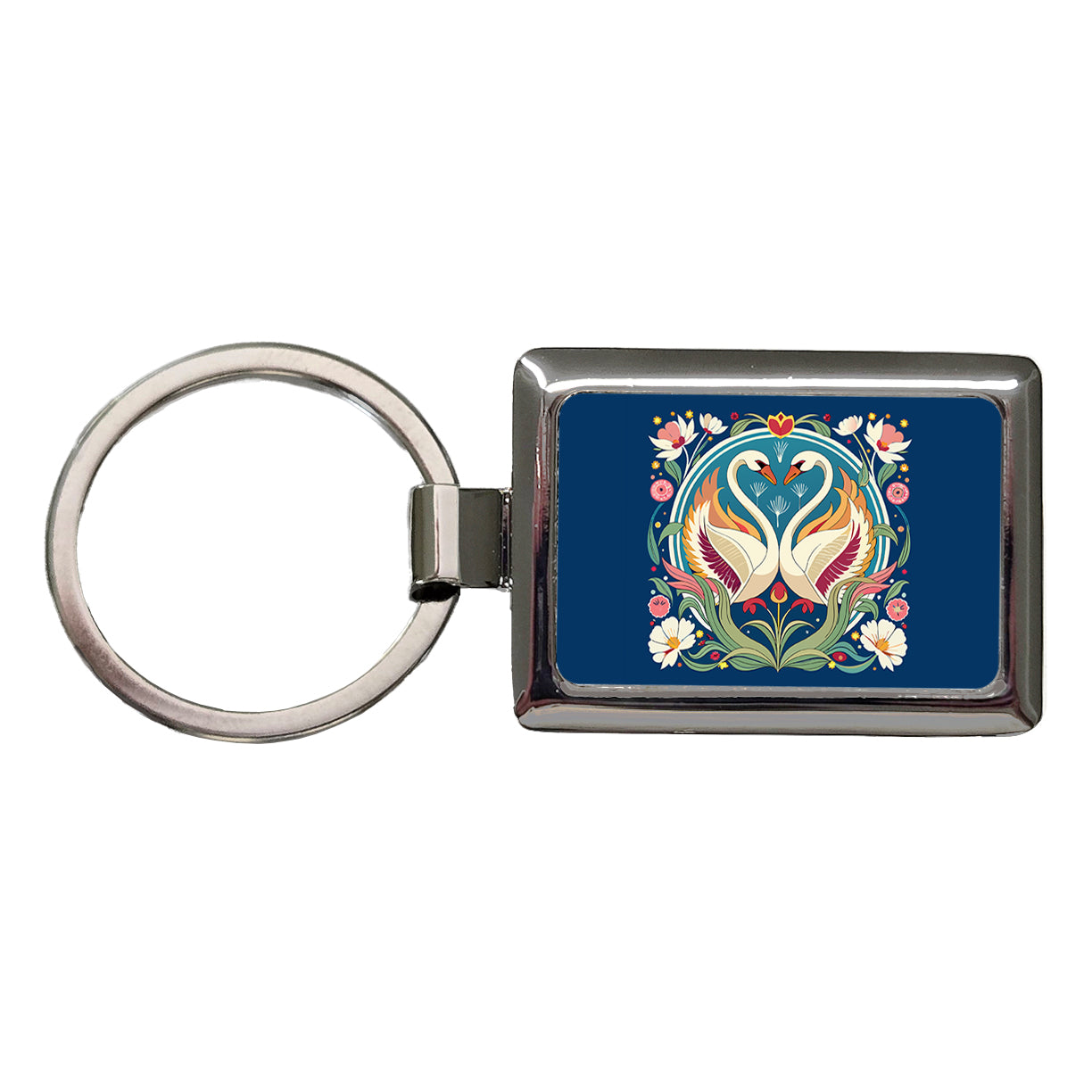 Swans Floral Art Nouveau Flowers Elegant Rectangle Metal Keychain