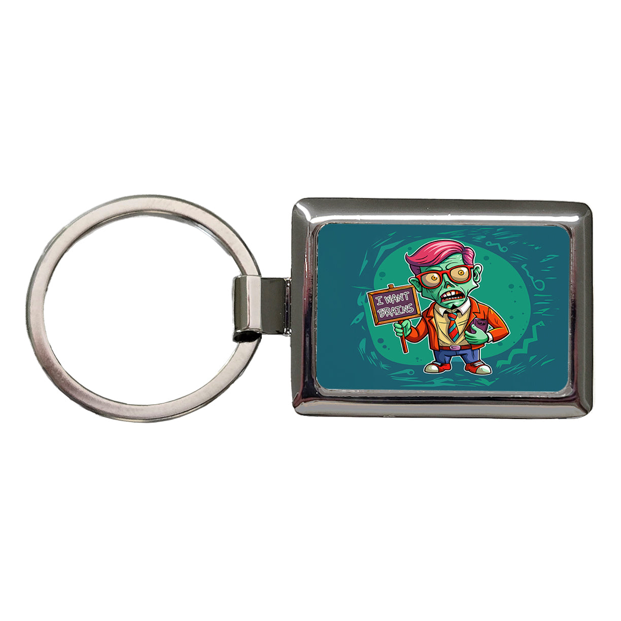 Teacher Zombie Man I Want Your Brains Rectangle Metal Keychain