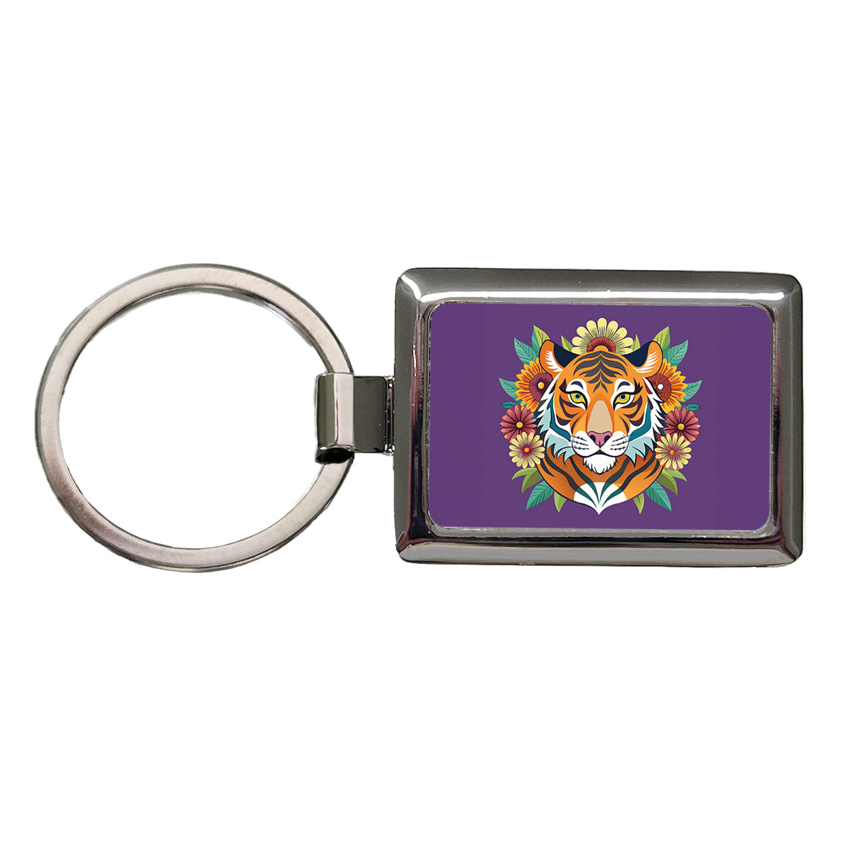 Tiger Head Floral Flowers Rectangle Metal Keychain