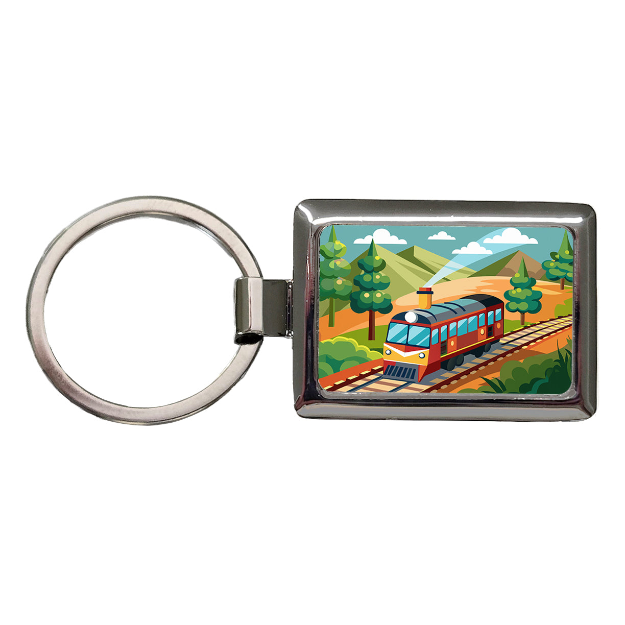 Train on Track Rectangle Metal Keychain