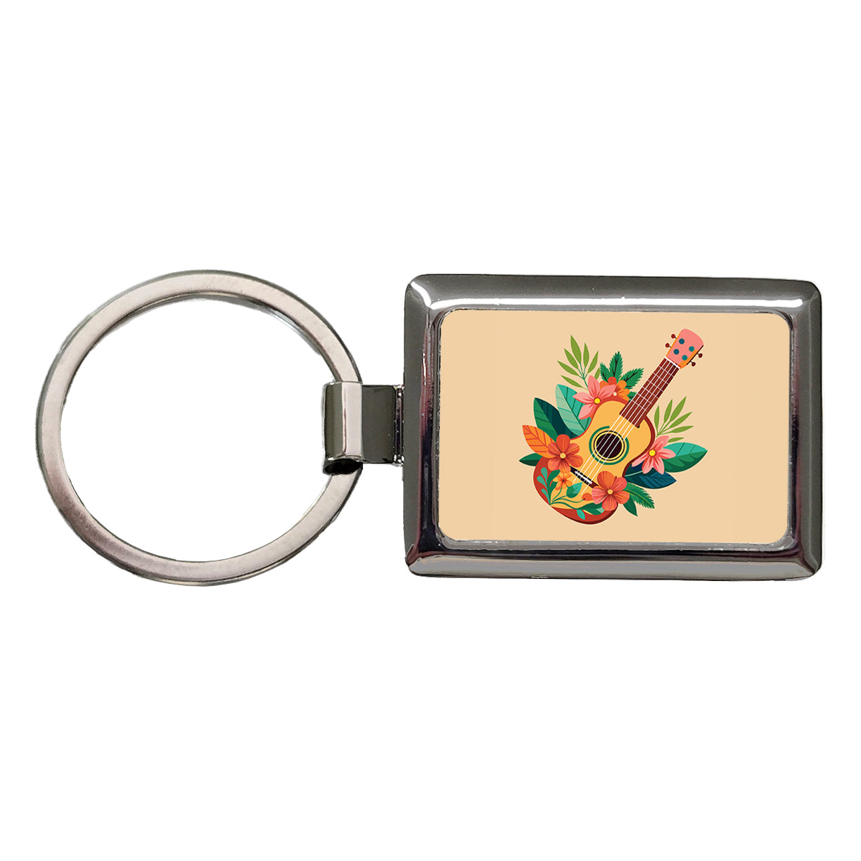 Ukulele Music Tropical Floral Motif Rectangle Metal Keychain