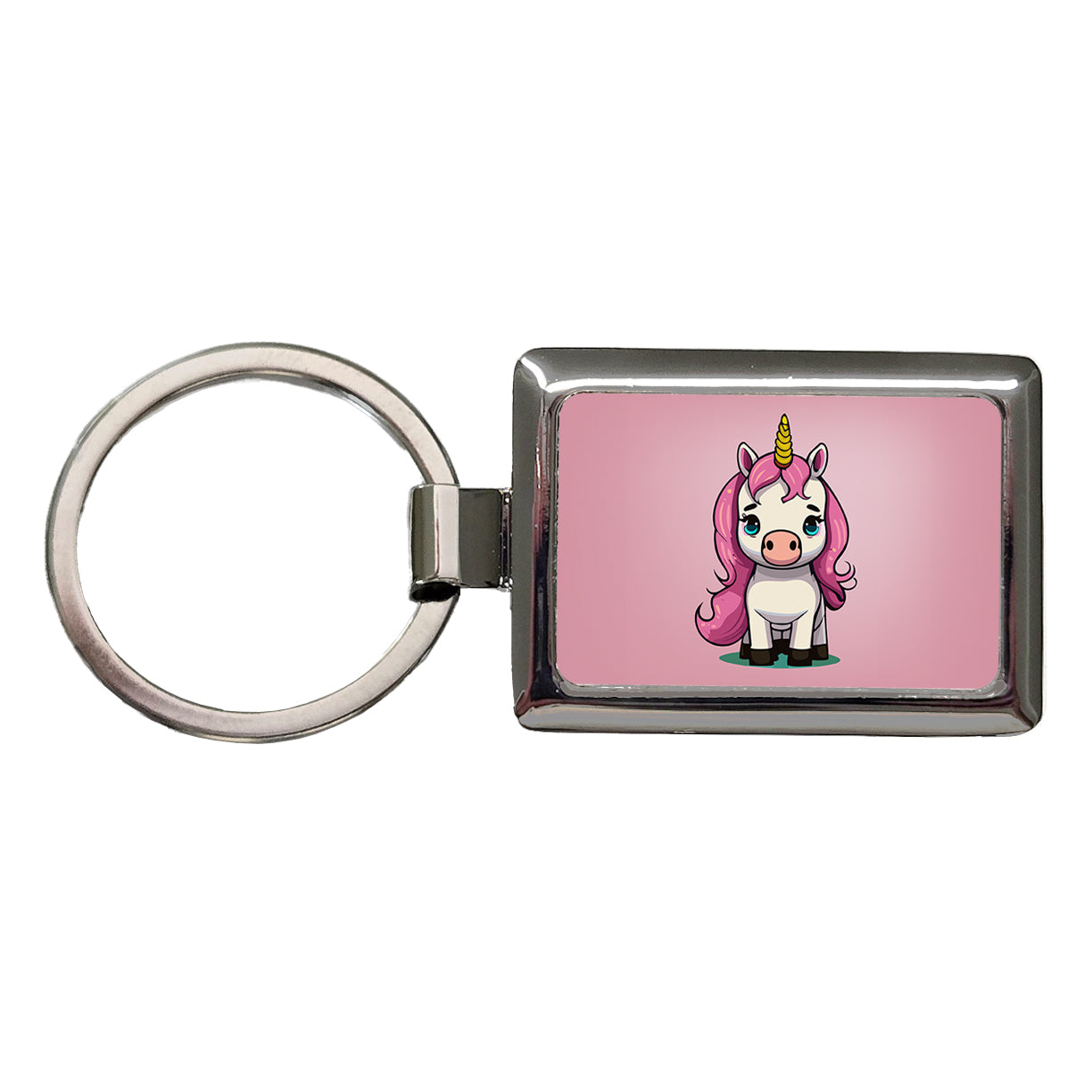 Unicorn Chibi Pink Hair Rectangle Metal Keychain