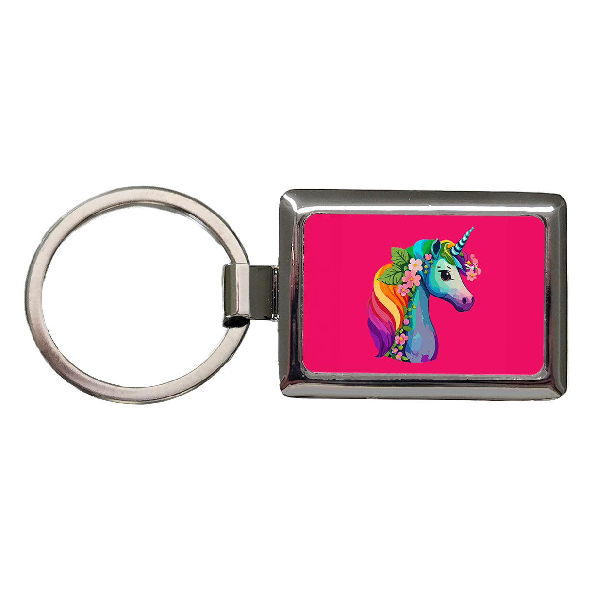 Unicorn Rainbow Head Flowers Rectangle Metal Keychain