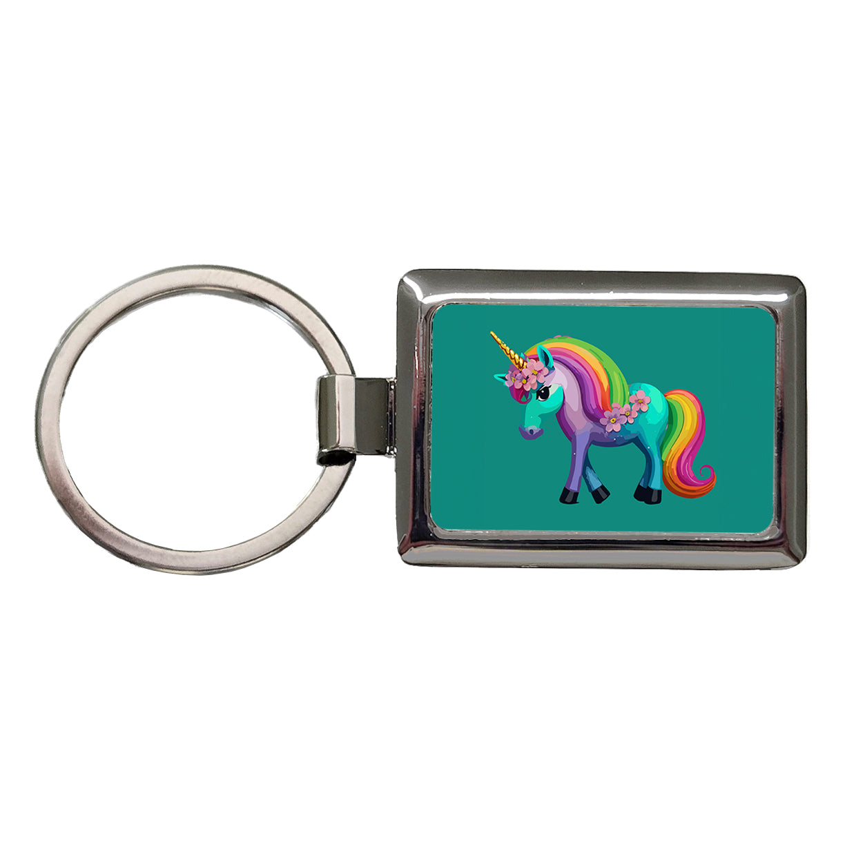 Unicorn Rainbow Standing Flowers Rectangle Metal Keychain