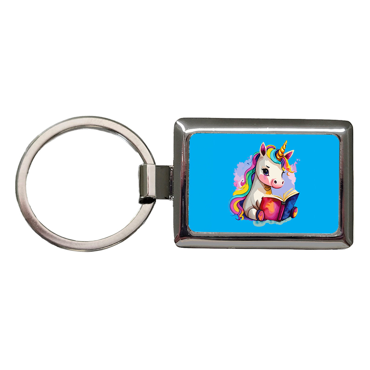 Unicorn Reading Book Reader Rectangle Metal Keychain