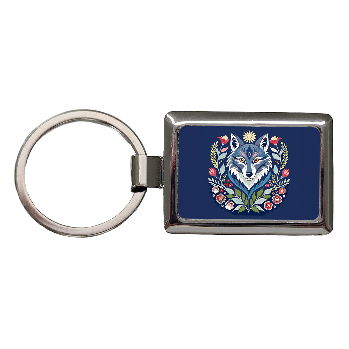 Wolf Floral Flowers Rectangle Metal Keychain