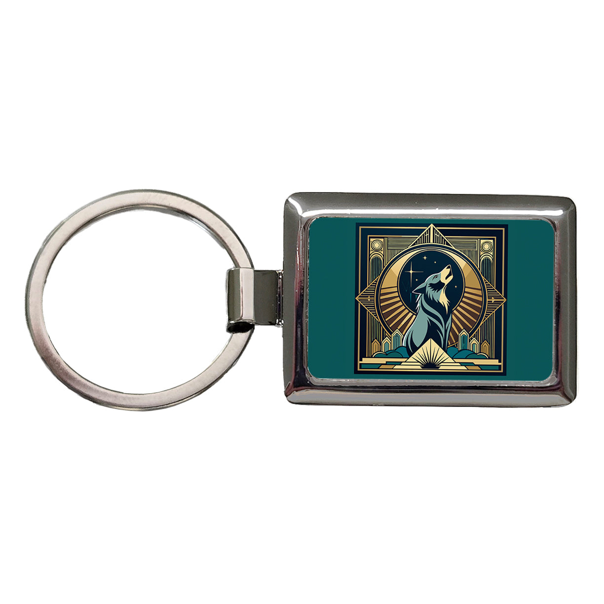 Wolf Howling at Moon Art Deco Rectangle Metal Keychain