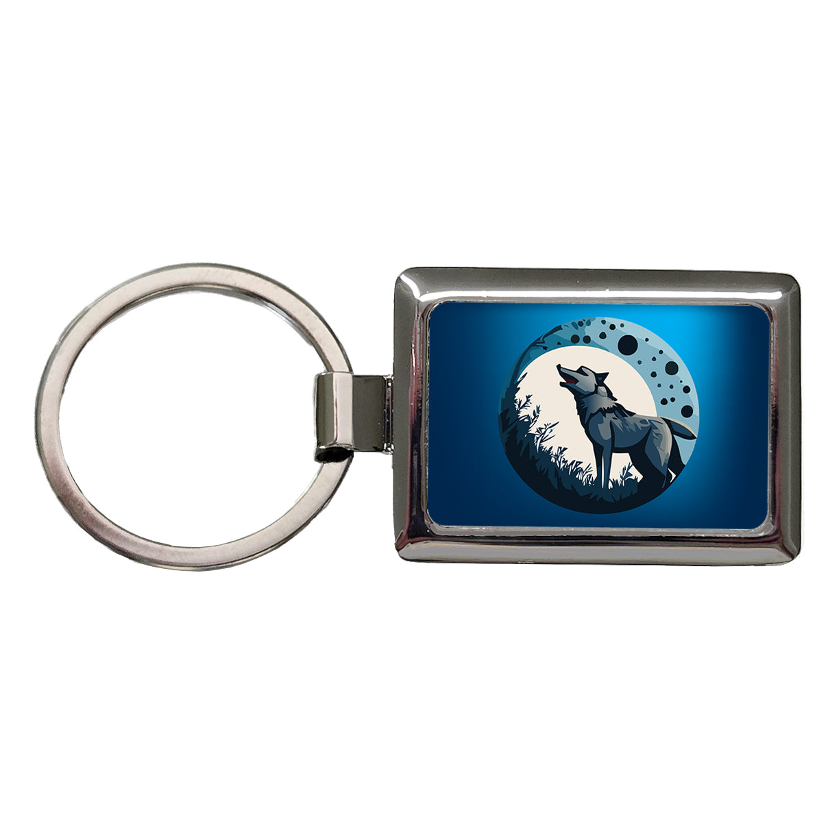 Wolf Howling Night Moon Rectangle Metal Keychain