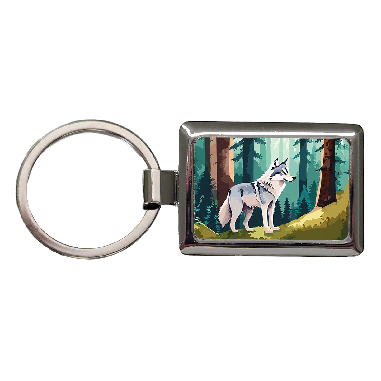 Wolf Standing Watercolor Rectangle Metal Keychain