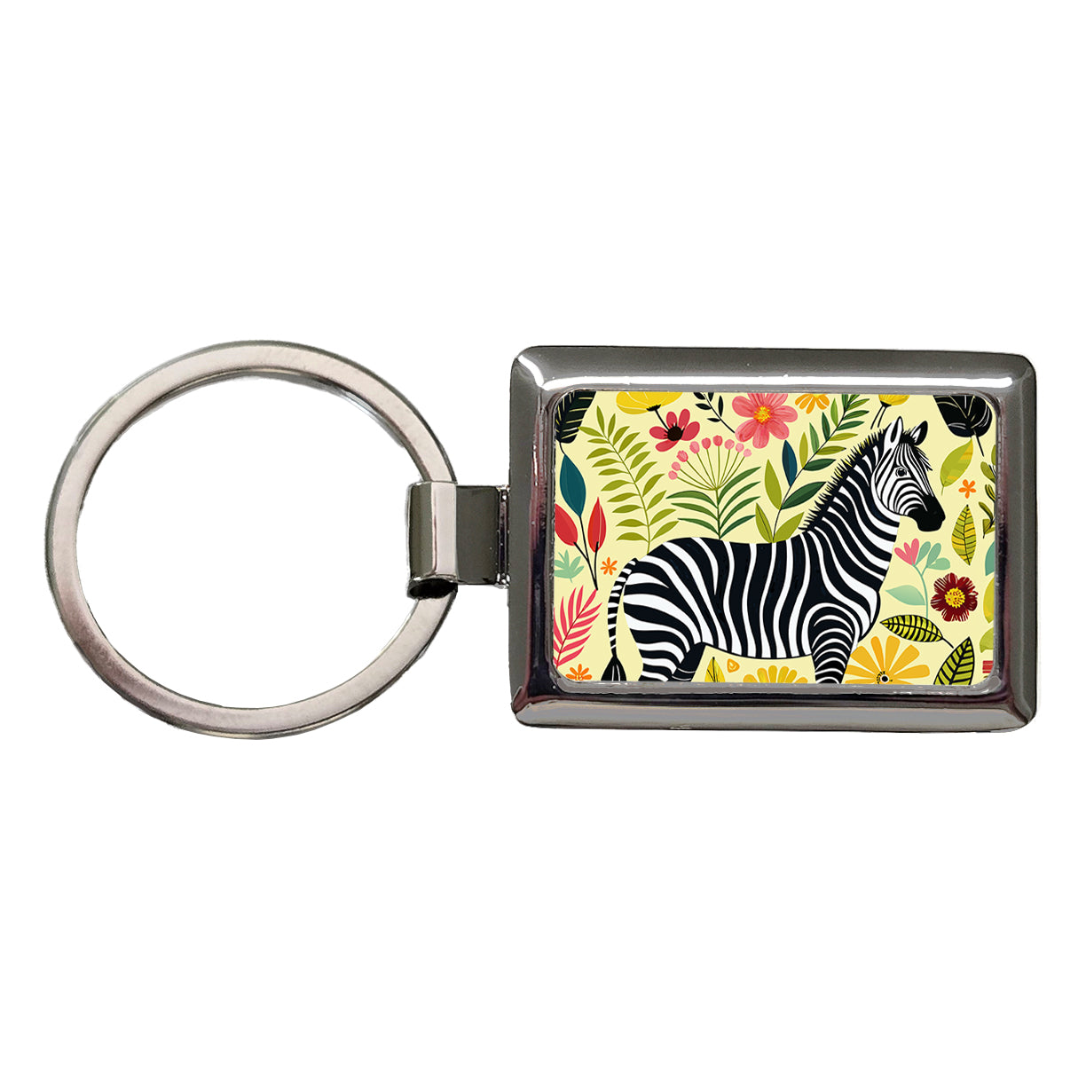 Zebra Floral Flowers Motif Rectangle Metal Keychain