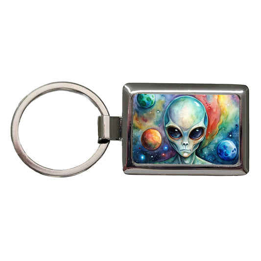 Alien In Space Watercolor Rectangle Metal Keychain