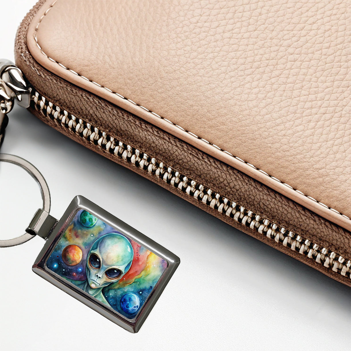 Alien In Space Watercolor Rectangle Metal Keychain