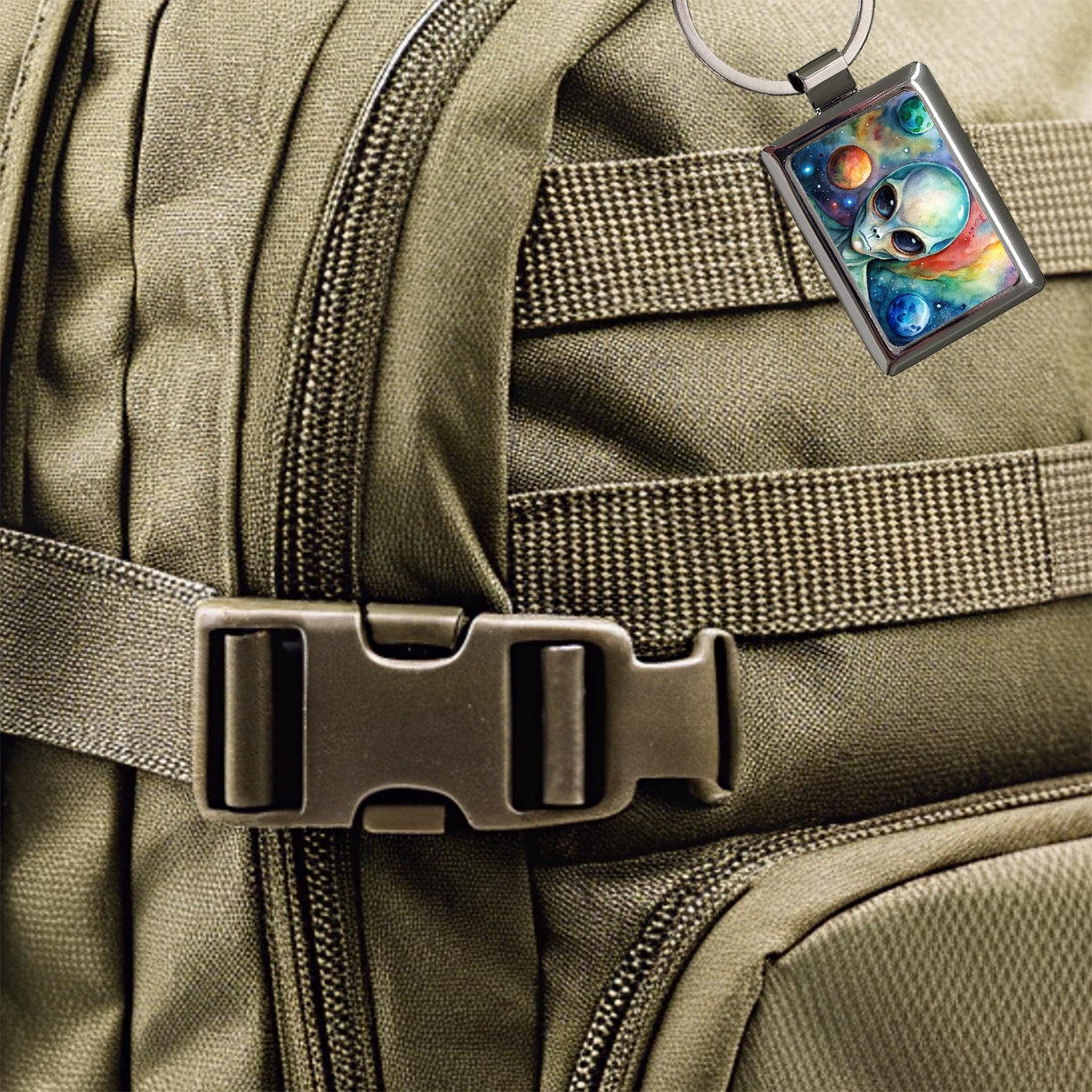 Alien In Space Watercolor Rectangle Metal Keychain