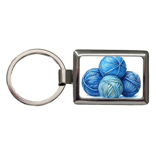Balls Of Blue Yarn Knitting Crochet Watercolor Rectangle Metal Keychain