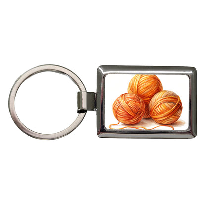 Balls Of Orange Yarn Knitting Crochet Watercolor Rectangle Metal Keychain