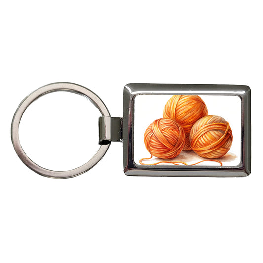 Balls Of Orange Yarn Knitting Crochet Watercolor Rectangle Metal Keychain