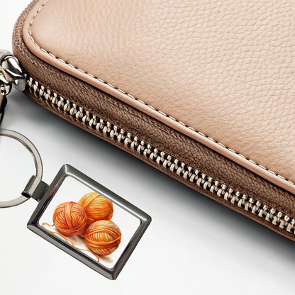 Balls Of Orange Yarn Knitting Crochet Watercolor Rectangle Metal Keychain