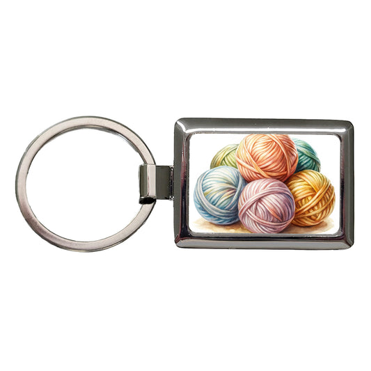 Balls Of Pastel Yarn Knitting Crochet Watercolor Rectangle Metal Keychain