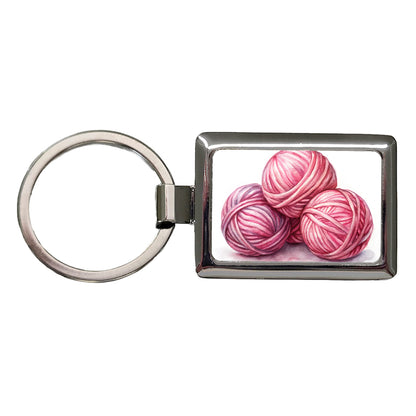 Balls Of Pink Yarn Knitting Crochet Watercolor Rectangle Metal Keychain