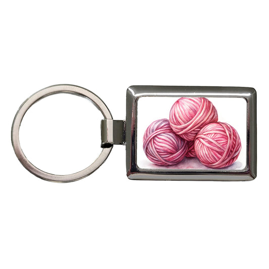 Balls Of Pink Yarn Knitting Crochet Watercolor Rectangle Metal Keychain