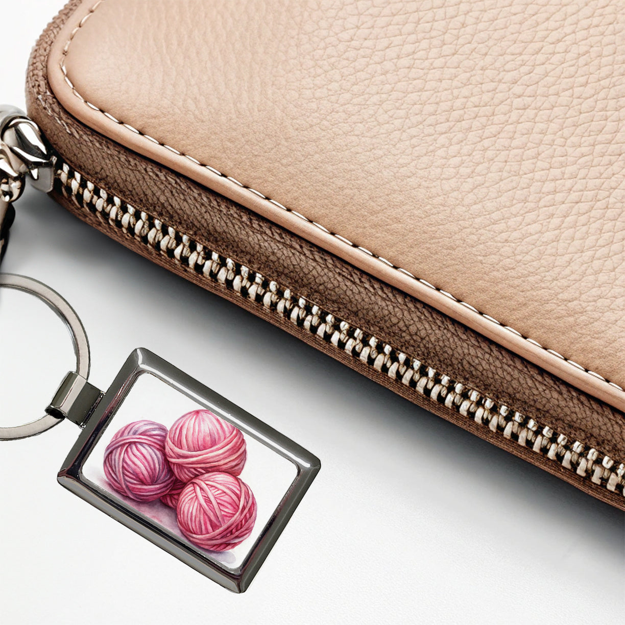 Balls Of Pink Yarn Knitting Crochet Watercolor Rectangle Metal Keychain