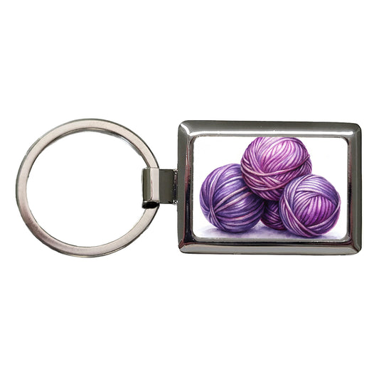 Balls Of Purple Yarn Knitting Crochet Watercolor Rectangle Metal Keychain
