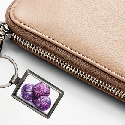 Balls Of Purple Yarn Knitting Crochet Watercolor Rectangle Metal Keychain