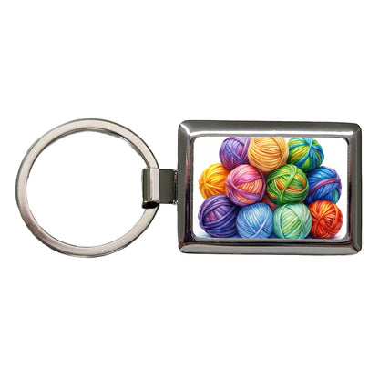 Balls Of Rainbow Yarn Knitting Crochet Watercolor Rectangle Metal Keychain