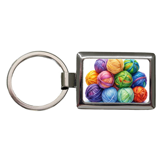 Balls Of Rainbow Yarn Knitting Crochet Watercolor Rectangle Metal Keychain