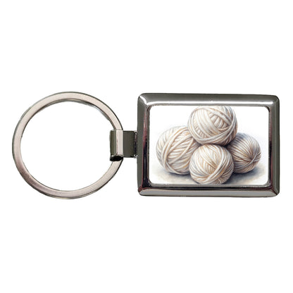 Balls Of White Yarn Knitting Crochet Watercolor Rectangle Metal Keychain