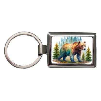 Bear In Forest Watercolor Design Rectangle Metal Keychain