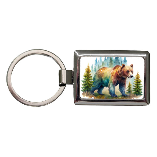 Bear In Forest Watercolor Design Rectangle Metal Keychain