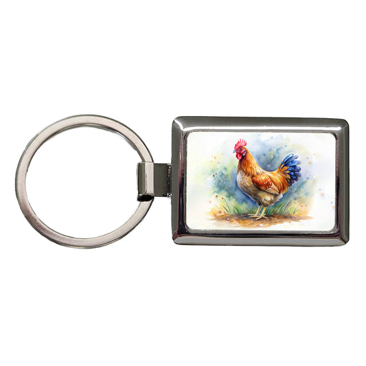 Beautiful Chicken Watercolor Rectangle Metal Keychain