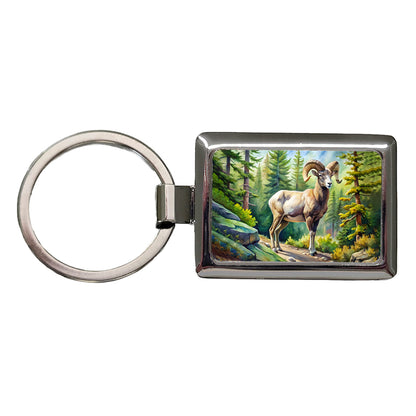 Bighorn Sheep In Forest Watercolor Rectangle Metal Keychain
