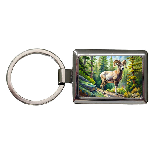 Bighorn Sheep In Forest Watercolor Rectangle Metal Keychain