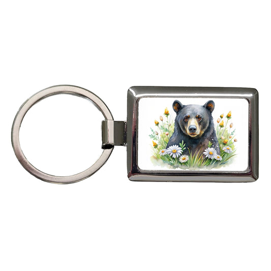 Black Bear Watercolor Design With Daisies Rectangle Metal Keychain