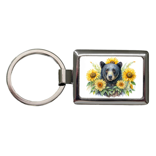 Black Bear Watercolor Design With Sunflowers Rectangle Metal Keychain