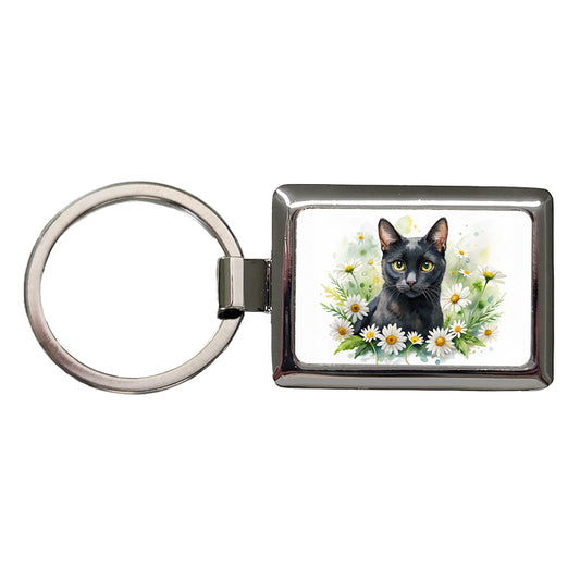 Black Cat Watercolor Design With Daisies Rectangle Metal Keychain