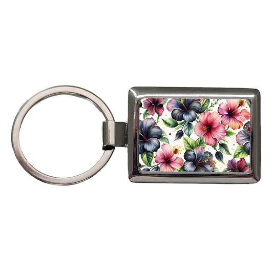 Black Pink Hibiscus Flowers Watercolor Rectangle Metal Keychain