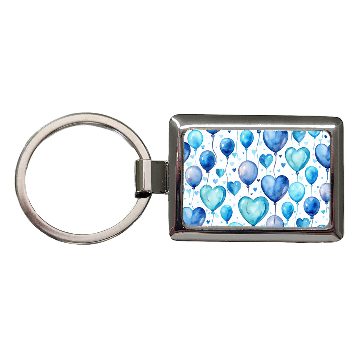 Blue Balloons Hearts Watercolor Birthday Rectangle Metal Keychain