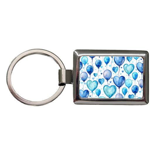 Blue Balloons Hearts Watercolor Birthday Rectangle Metal Keychain