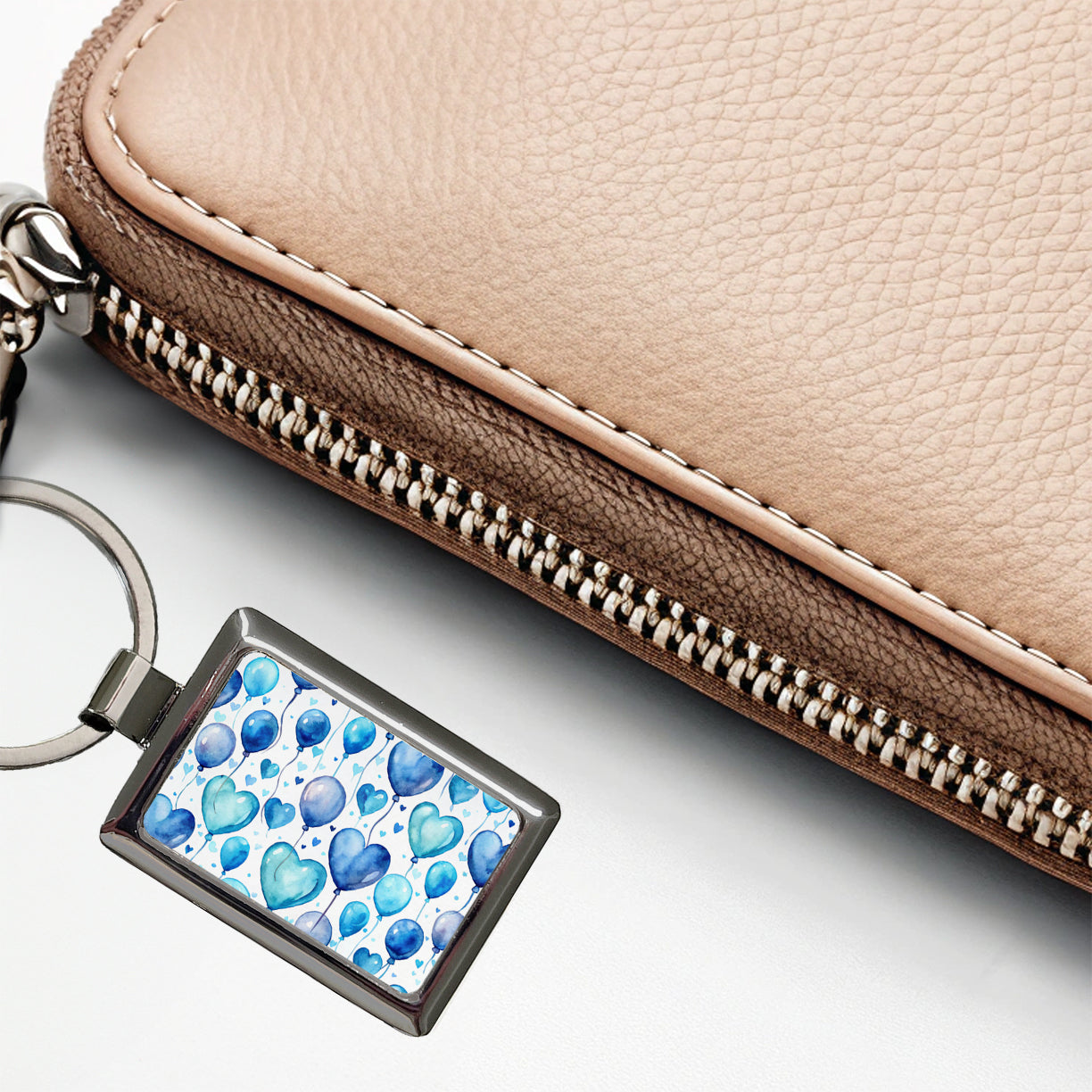 Blue Balloons Hearts Watercolor Birthday Rectangle Metal Keychain