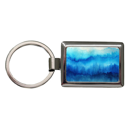 Blue Ombre Forest Watercolor Rectangle Metal Keychain